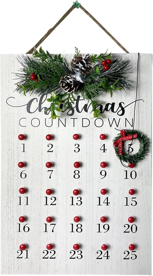 Christmas Countdown Pine Cones Wreath Calendar Advance Count Down Rustic Vintage Winter Wooden Decorations Hanging Plaque Wall Art Ornament for Indoor Outdoor Holiday Home Xmas 14.8" x 10"