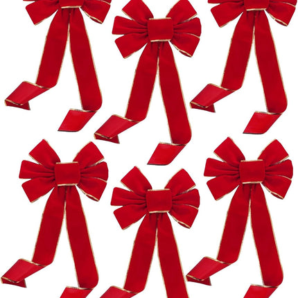Gold Edge Christmas Wreath Bows - 10" Wide, Set of 6, Red Velvet, Front Door, Gate, Fence, Retail Display Decorations, Basket, Swag & Garland Decoration, Festive Winter Decor, Valentine's Day