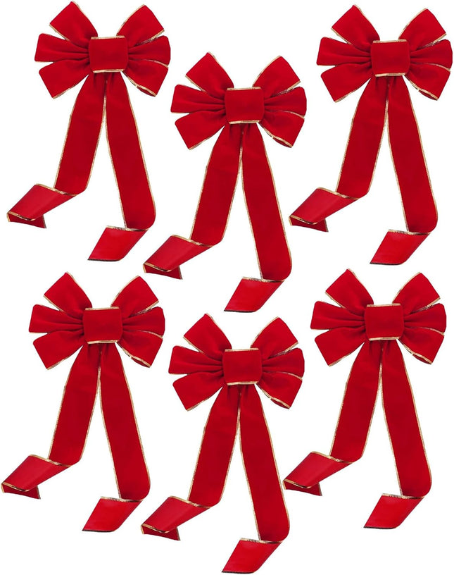 Gold Edge Christmas Wreath Bows - 10" Wide, Set of 6, Red Velvet, Front Door, Gate, Fence, Retail Display Decorations, Basket, Swag & Garland Decoration, Festive Winter Decor, Valentine's Day