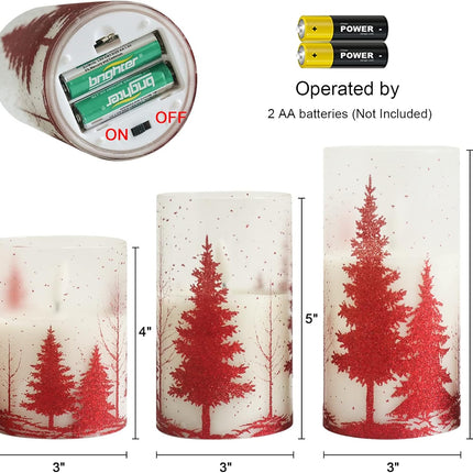 DRomance Christmas Tree Glass Flameless Candles with Remote Timer Battery Operated Real Wax 3D Wick LED Flickering Pillar Candles Christmas Holiday Decor(Red, 3 x 4,5,6 Inch)