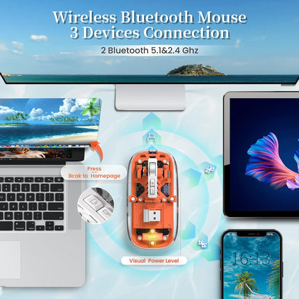 A.JAZZ Wireless Bluetooth5.1&2.4G Mini Lightweight Mouse,Transparent Clear Cool,Rechargeable Silent Computer Mice,Nano USB C Receiver,LED Battery Magic Silm For Office/PC/Mac/Laptop/Apple/ipad(Orange)