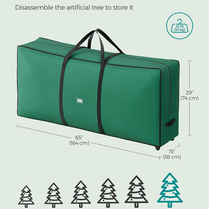 SONGMICS Christmas Tree Storage Bag with 1.6-Inch Wheels, Rolling Storage Bag, up to 9 ft, For Disassembled Holiday Tree, Length-Adjustable Handles, 600D Oxford Fabric, Forest Green URXS004C01