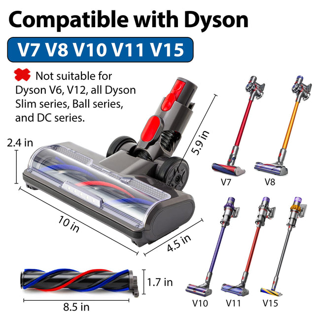 Direct Drive Cleaner Brush Head: Compatible With Dyson V7 V8 V10 V11 V15 Vacuum Floor Attachment With Turbo Bristle Roller And Led Lights For Hardwood And Carpet