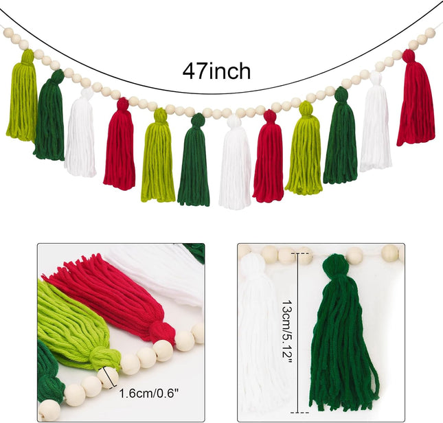 Anwyll Tassel Garlands,Christmas Tassel Garlands with Wood Beads,Tassel Wall Hanging Decor,Classroom Home Decor Pastel Tassel Garland with 2Pcs Pom Pom Balls Garlands for Christmas Holiday Party