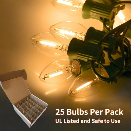 25 Pack LED Night Light Bulb, C7 Clear Replacement Bulbs, Christmas Lights Bulbs for Halloween Outdoor String Lights Decor, E12 Candelabra Base, 0.6 Watt C7 Bulbs Warm White