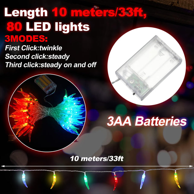 33 ft Chili Pepper Christmas String Light 80 LED Red Green Yellow Decorative Lighting String Multicolor Christmas Indoor Outdoor Chili Pepper Light for Xmas Kitchen Patio Mexican Party