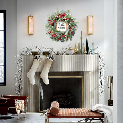 TEMPUS Christmas Wreath for Front Door 18’’ Red Berries Artificial Leaves Wreath with Hello Winter Sign Winter Wreath for Christmas Farmhouse Home Outdoor/Indoor Decor