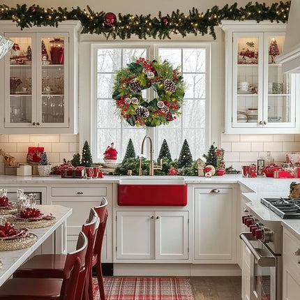 Christmas Wreath 20 Inch Outdoor Lighted Christmas Wreath with Red Berries and Flocked Pine Cones LED Xmas Wreath for Front Door Winter Holiday Christmas Party Decorations
