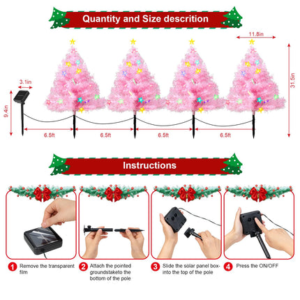 4 Pack 2.2FT Solar Christmas Tree Lights Decorations Outdoor, 8 Modes Christmas Pathway Lights with 80 Star LED Lights, Waterproof Christmas Pathway Lights for Patio Garden Lawn Holiday Decor, Pink