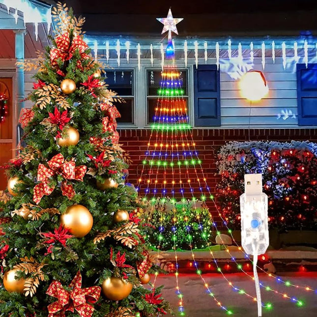 Christmas Lights, Outdoor Christmas Tree Lights, Waterfall Fairytale String Lights, 192 LED Christmas Decoration Lights, 8 Lighting Modes, USB Powered, Suitable for Christmas, Year (Color)