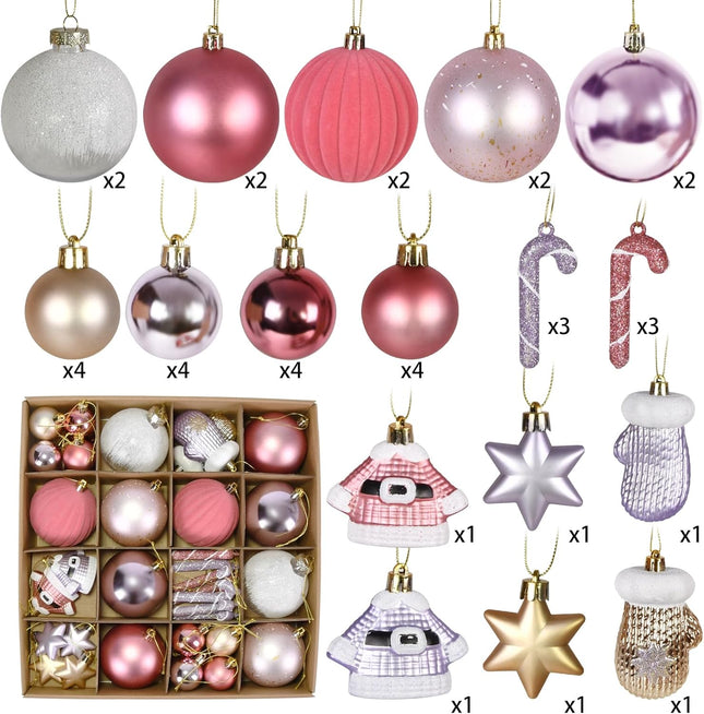 Beinhome 40ct Christmas Ball Ornaments Set, Red Pink and Gold Shatterproof Christmas Tree Ornaments Hanging Ball Decoration Bulk for Xmas Home Party Festival Decor