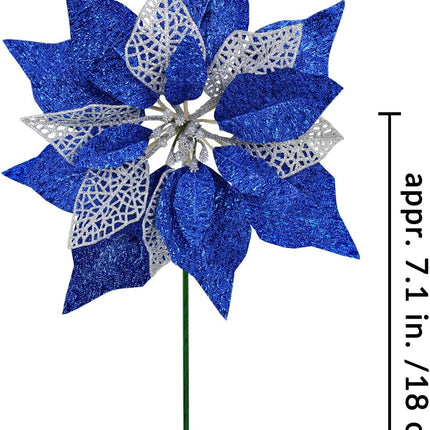 14 Set 8.7" Wide 4 Layers Christmas Blue Glitter Poinsettia Flowers Picks Christmas Tree Ornaments for Blue Christmas Tree Wreaths Garland Holiday Seasonal Festive Navidad Decoration Box Included