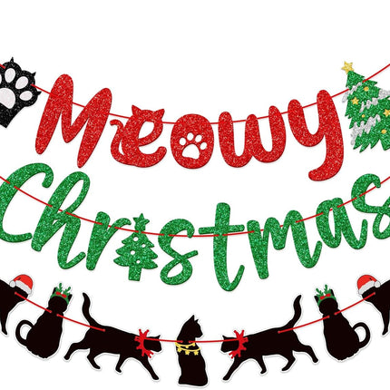 Meowy Christmas Banner, Cat Christmas Decorations, Funny Merry Christmas Banner, Christmas Black Cat Garland, Xmas Christmas Party Supplies, Red Green Black