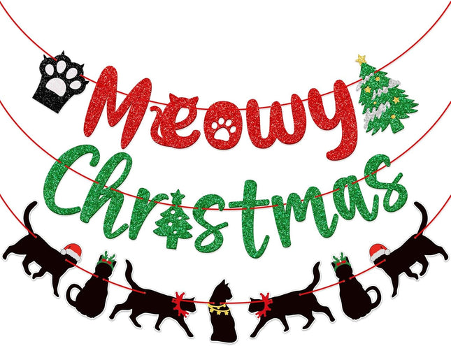 Meowy Christmas Banner, Cat Christmas Decorations, Funny Merry Christmas Banner, Christmas Black Cat Garland, Xmas Christmas Party Supplies, Red Green Black
