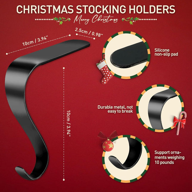 Edoneery Christmas Stocking Holders for Mantle with Silicone Anti-Slip Strips, Fireplace Mantel Stocking Hangers for Shelf, Garland Grips Hooks for Xmas & Family Party Decoration (Black, 4)