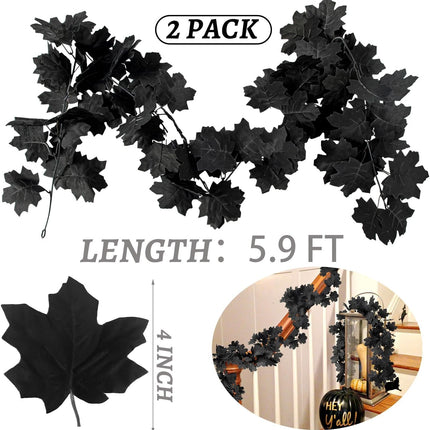Black Maple Leaf Garland, 2PCS Halloween Artificial Hanging Fall Leave Vines, Fall Floral Garlands Thanksgiving Decor for Home Wedding Party (11.8FT)