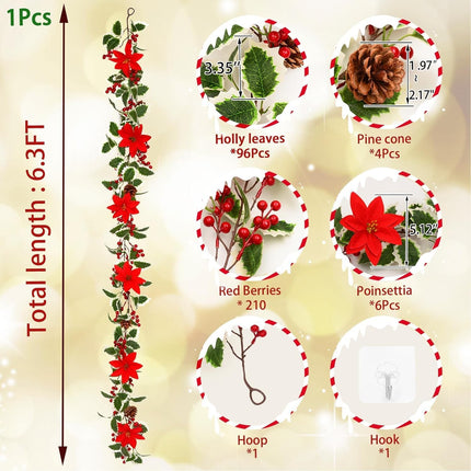 BLEUM CADE Christmas Decorations Garland - 6.3Ft Artificial Christmas Garland for Mantle, Holly Red Berry Garland with Poinsettia and Pine Cones for Xmas Tree Fireplace Indoor Outdoor Home Decor