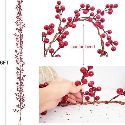 Artiflr 6FT Red Berry Garland, Flexible Artificial Red and Burgundy Berry Christmas Garland for Indoor Outdoor Home Fireplace Decoration for Winter Holiday Year Decor