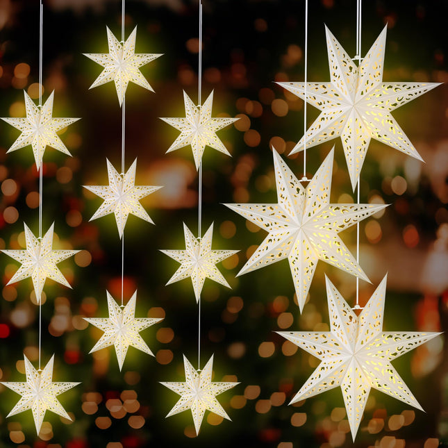 Retisee 12 Pcs 14in Christmas Paper Star Lantern Star 7 Pointed Light Snowflake Ceiling Lantern Moroccan Paper Star with 12 LED Light for Xmas, Wedding, Holiday Birthday Party Celebration(White)