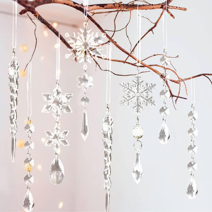18pcs Christmas Tree Decoration Crystal Ornaments - Hanging Acrylic Christmas Snowflake Icicle Drop Crystal Ornaments for Christmas Tree Winter Year Party Supplies