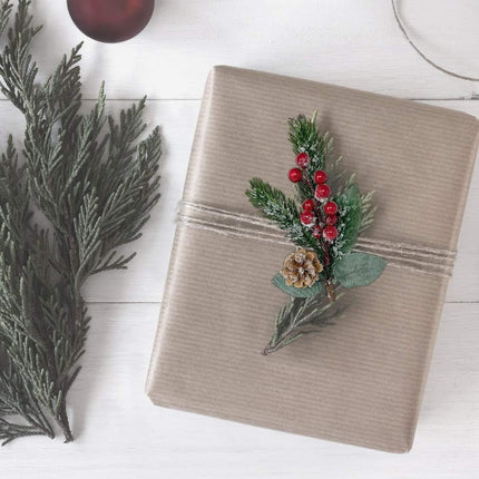 BANBERRY DESIGNS Holiday Pine Snowy Flower Picks 10 Pieces - Snow Flocked Red Holly Berry Pine Cone Floral Sprays -Decoration AMD Crafting - Measures 11" L
