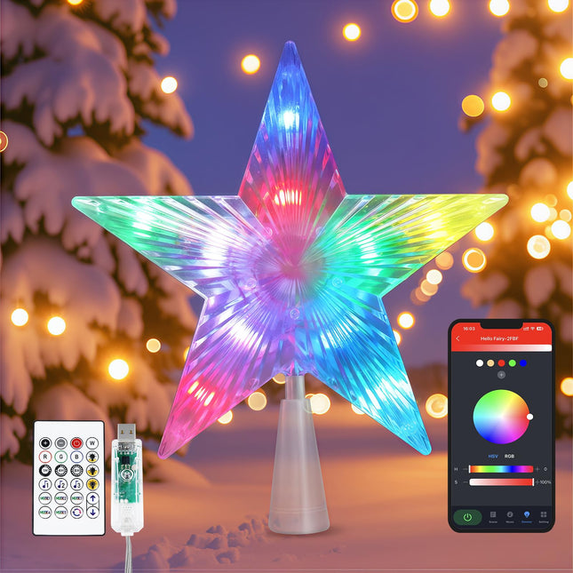 Christmas Tree Topper Star, RGB 7.6’’ 10 Replaceable Bulbs w/Remote & APP DIY Color Changing USB Powered LED Lighted Tree Top Star for Xmas Trees Holiday Party Decorations