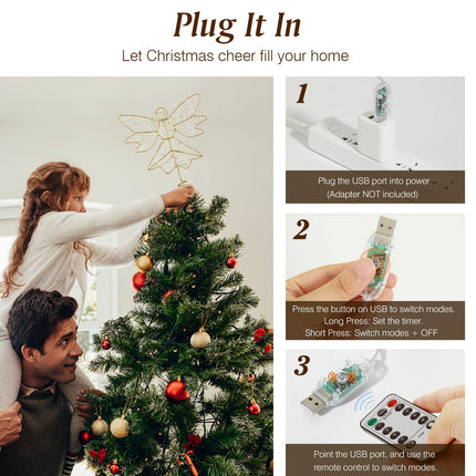 Lewondr Christmas Tree Topper Angel, USB Powered Remote Controlled 9.8 Inch Glittering Angel Christmas Tree Topper, 6H Timer Christmas Tree Angel Topper with Lights for Xmas Home Holiday Party, Gold