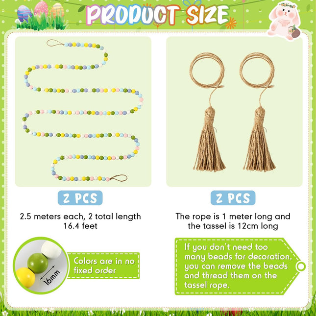 2 Pcs 16.4 ft Wood Beads Pastel Garland and 2 Pcs 88.19 Inch Jute Rope Tassel 2.5 Meter Spring Colorful Wooden Beads and 1 Meter Boho Rope for Home Tiered Tray Christmas Tree Decorations