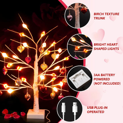 Valentines Day Tree Decorations,2 Pack 24 Inches Lighted Birch Tee with 24 Crystal Heart Shaped 18pcs Heart Ornaments,Valentine's Day Tree for Home,Tabletop,Mantel,Office