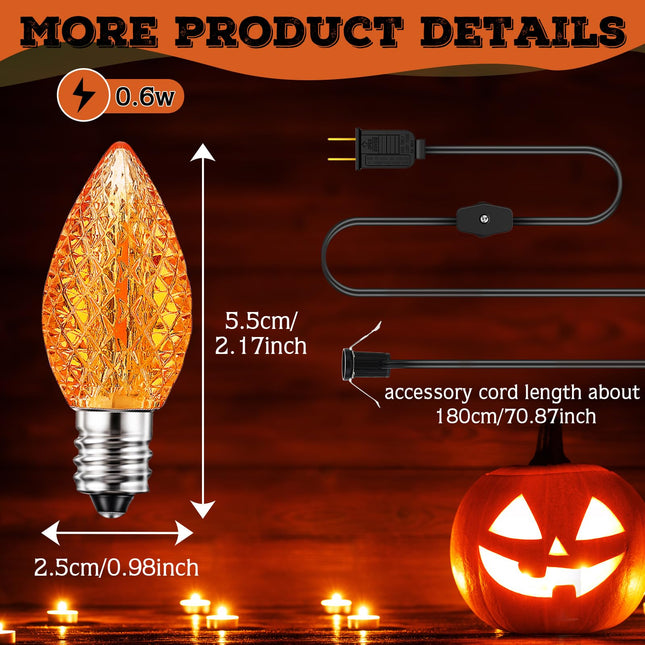 Meonum 2 Pcs C7 0.6w LED Lights Bulbs with Accessory Cord Bulb Socket, Christmas Blow Mold Light Replacemen Kit, Orange Strawberry Village Light for Xmas Tree Halloween Pumpkin Skeleton House Craft