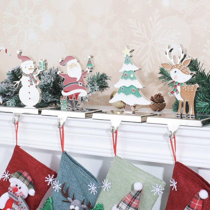 Christmas Stocking Holder Set of 4 Metal Christmas Stocking Hangers for Fireplace-Xmas Deer Snowman Tree Santa Stocking Holder for Mantel,Mantel Hooks/Clips for Stocking Fireplace Topper