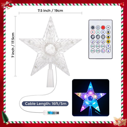 Christmas Tree Topper Star 7.5" Lighted Star Tree Top w/Remote Control,Color Changing Solid/Flash Treetop w/Remote,USB Powered Xmas Tree Topper,RGB Tree Top for Christmas Tree,DIY Color Changing