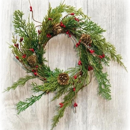 Artificial Realistic-Looking Cedar Wreath Candle Ring Mini Wreath Accent for Statues, Lanterns, Nativity, Candle Holders, Doors, Windows, Centerpieces, Tree Decorations, Holiday Decor, Pillars