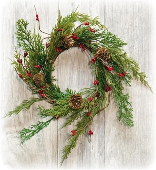 Artificial Realistic-Looking Cedar Wreath Candle Ring Mini Wreath Accent for Statues, Lanterns, Nativity, Candle Holders, Doors, Windows, Centerpieces, Tree Decorations, Holiday Decor, Pillars