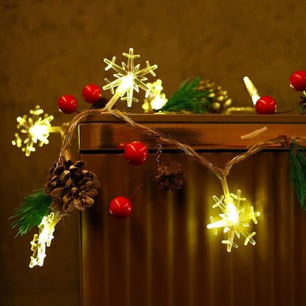 Christmas Garland with Snowflake Lights, 30 Led 10ft Battery Operated 8 Lighting Modes Timer Pine Cones Red Berry Garland Indoor Outdoor Office Decor Xmas String Light Mantle Decorations Warm White
