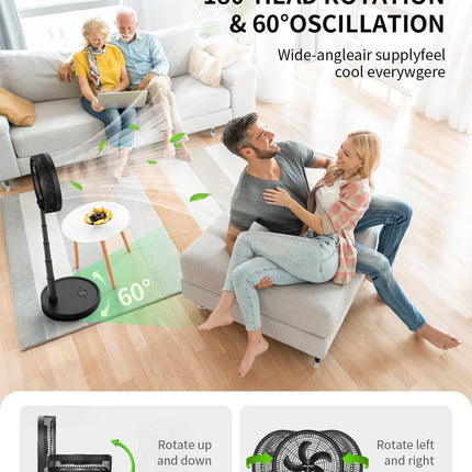 Easyacc 12'' Quiet Fans For Bedroom, Oscillating Standing Fan, 10000Mah Remote Control Foldable Rechargeable Fan For Home