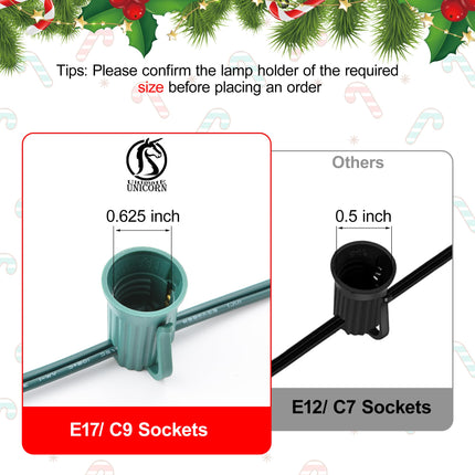 Ultimate Unicorn 500 FT C9 Light Socket Set Spool, Christmas Stringer Bulk Reel 12" Spacing, C9 Light Strand Green Wire, Christmas Stringer with E17 Sockets (10 Pairs of Plugs Included)
