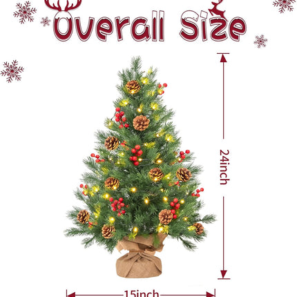 2 Pack 24 in Realistic Feel Thick Prelit Artificial Christmas Tree Tabletop Decorations Timer Battery Operated Pine Cones Red Berries Christmas Indoor Home Decoration