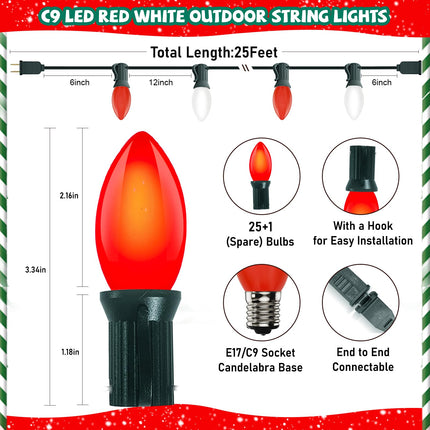25FT Red and White LED Christmas Lights,LED Christmas Lights with 26 C9 Red White Shatterproof Plastic Bulbs,Connectable Red White Christmas Lights for Christmas Tree Roofline Indoor Outdoor Decor