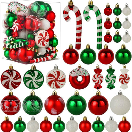 Christmas Tree Ornaments, Green Red White Christmas Ball Ornaments Set of 60 Pack Shatterproof Plastic Xmas Decorations for Home Party Tree