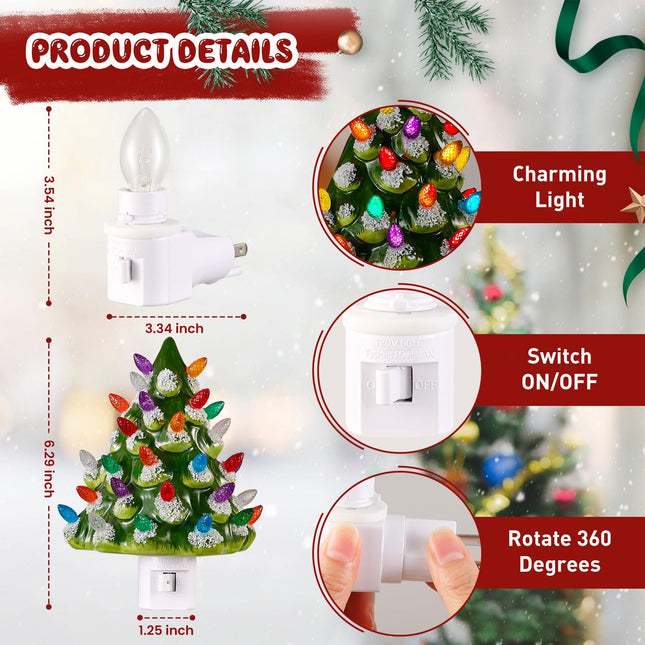 Tfro & Cile Ceramic Christmas Tree Night Light 2 Pack Xmas Decorative Tree Lamp Small Vintage Light Up Bathroom Decor with On/Off Switch for Home Bedroom