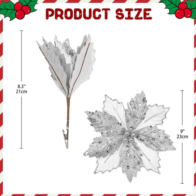 Briful 9'' Poinsettias Artificial Christmas Flowers 8PCS Silk Christmas Floral Picks and Sprays Large Silver Poinsettias Flowers with Clips for Xmas Tree Vase Arrangement Wreath Decor