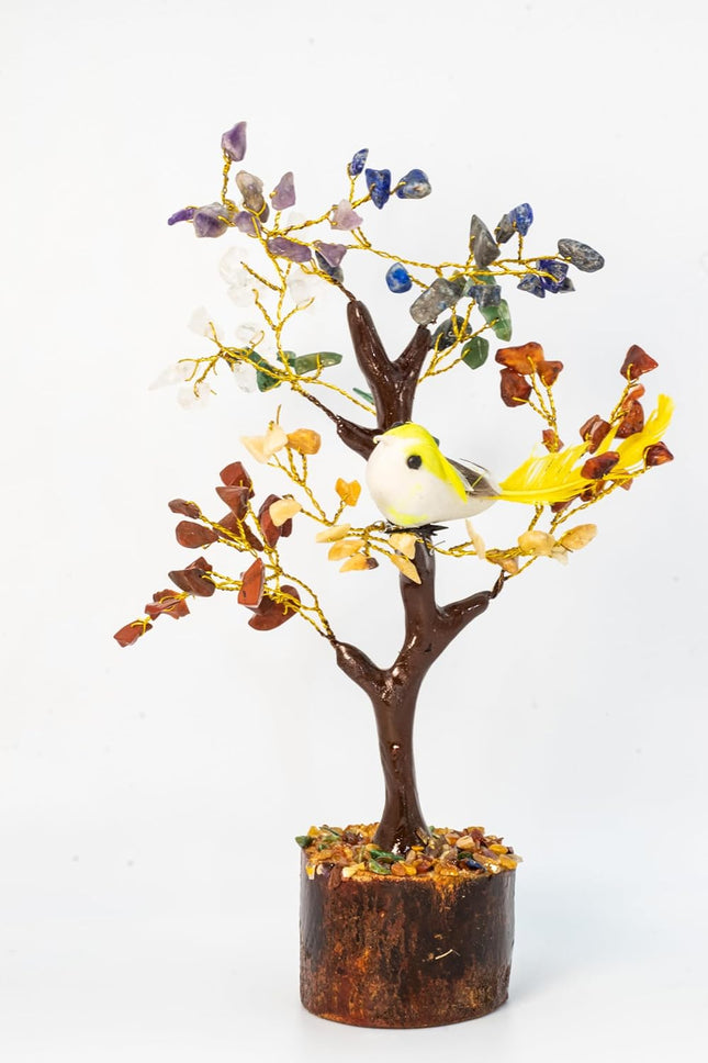 100 Leaves 7 Chakra Gemstone Chips Gemstone Tree with one Bird | Christmas Tree | Home Decor
