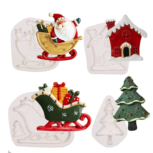 Christmas Silicone Fondant Mold, Santa Claus Chocolate Molds, Sled with , Christmas Tree for Christmas Cake Decoration, Cake Toppers, Candy Sugarcraft, Clay Resin