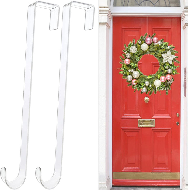 Wreath Hangers for Front Door,12" Clear Wreath Door Hanger,2 Pack Wreath Hanger Non Scratch Over The Door Hooks Easter Halloween Christmas Decorations Indoor Outdoor,Welcome Sign for Front Door Decor