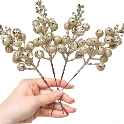 20 Pack Christmas Glitter Berries Stems, 8 Inch Champagne Artificial Christmas Picks for Christmas Tree Ornaments, DIY Xmas Wreath, Crafts, Holiday and Home Decor (Champagne)
