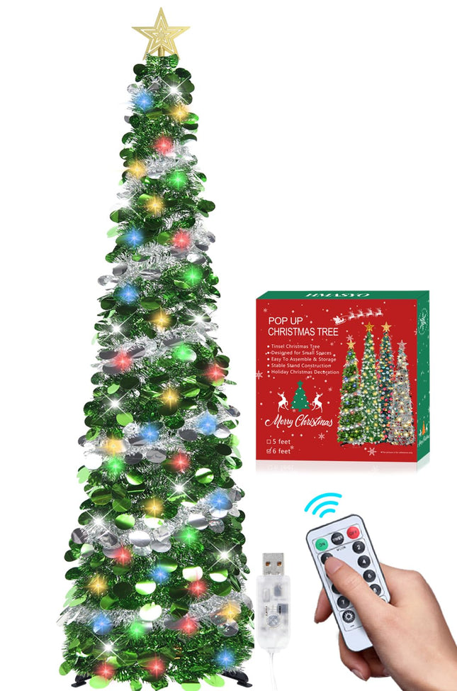 HMASYO 6 FT Pop Up Tinsel Christmas Tree with 100 Colored Timer Lights & Remote, Green Sliver Collapsible Artificial Pencil Tree Xmas Decoration for Home, Office, Party, USB Powered, Easy Assembly