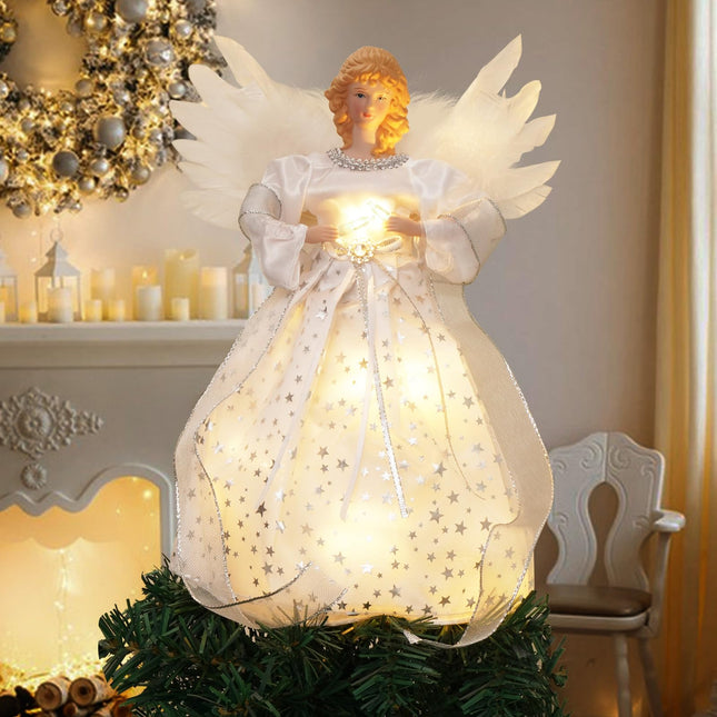 Christmas Angel Tree Topper, Tree Topper Angel with Lights, 8 Modes Christmas Tree Ornament with Timer, Battery Operated Lighted Treetop Ornaments Indoor Christmas Decorations