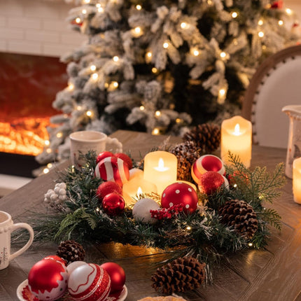 Valery Madelyn Pre-Lit Christmas Wreath for Front Door with Lights, 24 Inch Large Lighted Christmas Wreath with Red White Xmas Ball for Fireplace Window Outdoor Table Centerpiece Holiday Decoration
