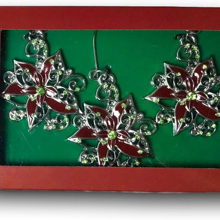 Poinsettia Christmas Ornaments - Set of 3 Silver Filigree Red and Green Jeweled Poinsettias - 2" D